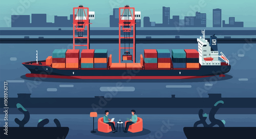 Cargo ship in harbor with city skyline and people relaxing