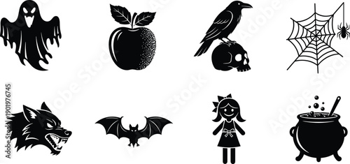 Set of Spooky Halloween Black Silhouette Icons Featuring a Ghost Crow on Skull Spider Web Werewolf Bat Cauldron and Creepy Apple for Gothic Graphic Design