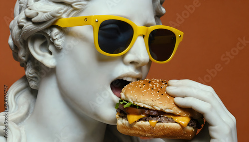 White antique male sculpture wearing yellow sunglasses biting a cheeseburger, close-up, macro shot, studio with orange-brown background.