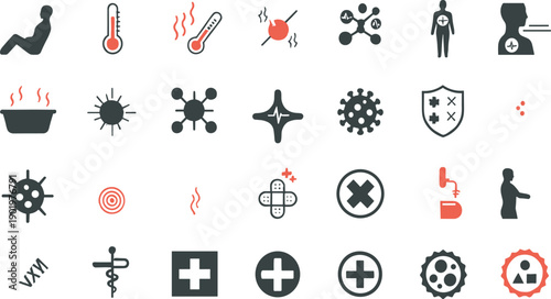 Medical Health Condition and Warning Icon Set with Fever, Infection, Immunity, Symptoms, Protection, Treatment Indicators, and Human Body Status Symbols