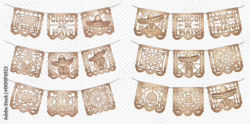 Set of traditional Mexican papel picado banners for Cinco de Mayo celebration.