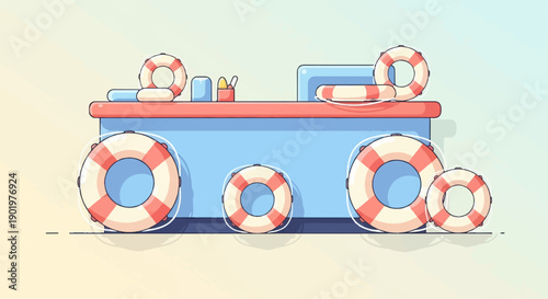 Cartoon boat-like structure with life preservers and minimal accessories