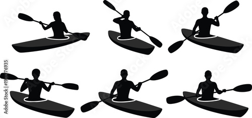 Set of Six Black Silhouettes of People Paddling in Kayaks on Water for Summer Vacation Adventure Outdoor Sports Rowing Hobby and Active Lifestyle Graphic Design