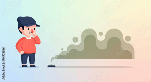Cartoon boy with cap picks nose, green smoke billows from a small pile