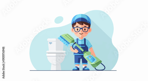 Cheerful cartoon character with cleaning supplies for a toilet