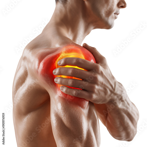 3D rendered muscular male figure gripping his painful glowing red shoulder injury with his hand ache, isolated on transparent background