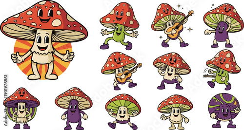 Cheerful cartoon mushrooms playing music and dancing with joy