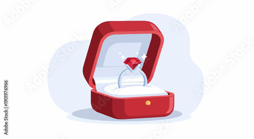 A sparkling ruby ring rests in an open red velvet jewelry box