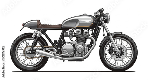 Classic Cafe Racer Motorcycle Side View Detailed Illustration.