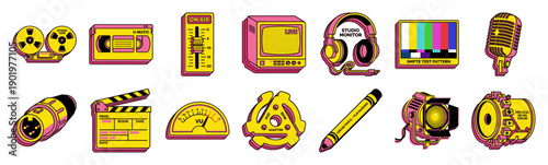 Retro Pop Art Analog Media Equipment Graphic Set for Vintage Broadcast and Film Production Kits
