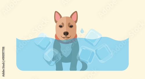 Cartoon dog sits in cool water with ice cubes, happy and refreshed