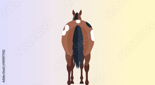 Back view of a brown horse with white and black spots and a dark tail