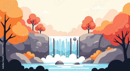 Autumnal waterfall with red trees and misty sky