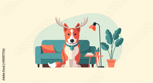 Cartoon dog with antlers sits in a room with a sofa, plants, and lamp