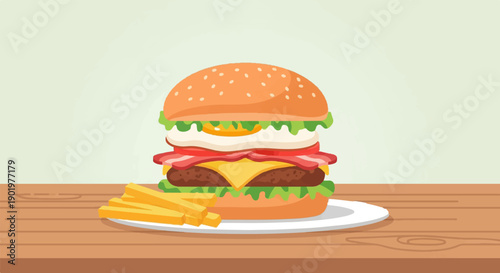 A stacked burger with fries on a plate