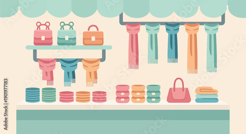 A stall displays bags, scarves, and folded textiles in pastel colors