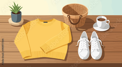 Bright yellow sweater and white sneakers with coffee and plant on wooden table