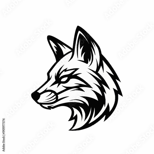 A stylized black and white graphic illustration of a fox head in profile, featuring sharp lines and an intense expression, suitable for a logo or mascot.