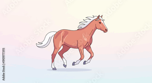 Cartoon horse with a flowing mane and tail gallops across a pastel background