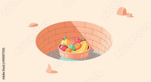 Brightly colored fruit in a basket sits at the bottom of a round, brick well