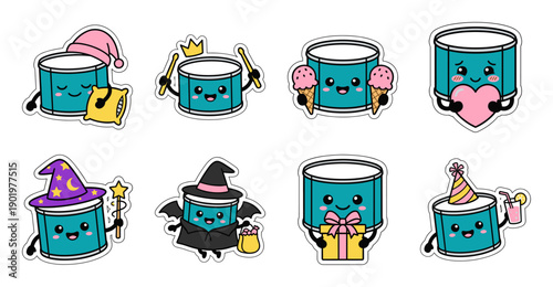 Cute Drum Character Sticker Set, Musical Instrument Vector Illustration
