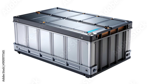 Metallic battery pack, rectangular shape, with a grid top and side cooling vents