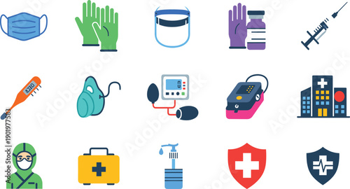 Medical Safety and Healthcare Equipment Icon Set with Mask, Gloves, Syringe, Hospital Devices, Protective Gear, Emergency Care, and Clinical Treatment Symbols