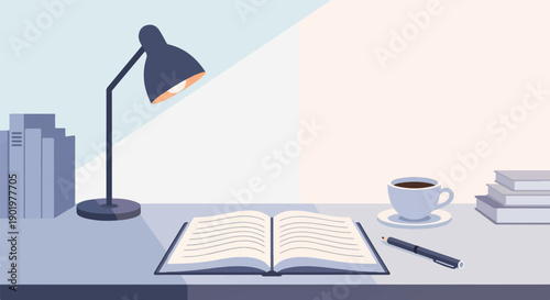 An open book on a desk with a lamp, coffee, and stacked books