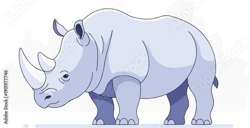 Cartoon rhinoceros with two horns, light purple, standing on a white background