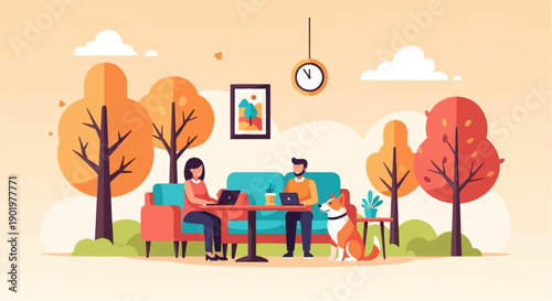 Autumnal scene couple works on laptops beside dog, indoor comfort