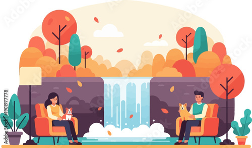Autumn scene with people and dogs relaxing by a waterfall