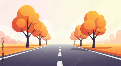 Autumn road with trees, leading to a bright, hazy horizon