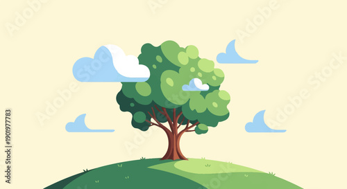 A stylized, pixelated illustration of a large green tree on a grassy hill