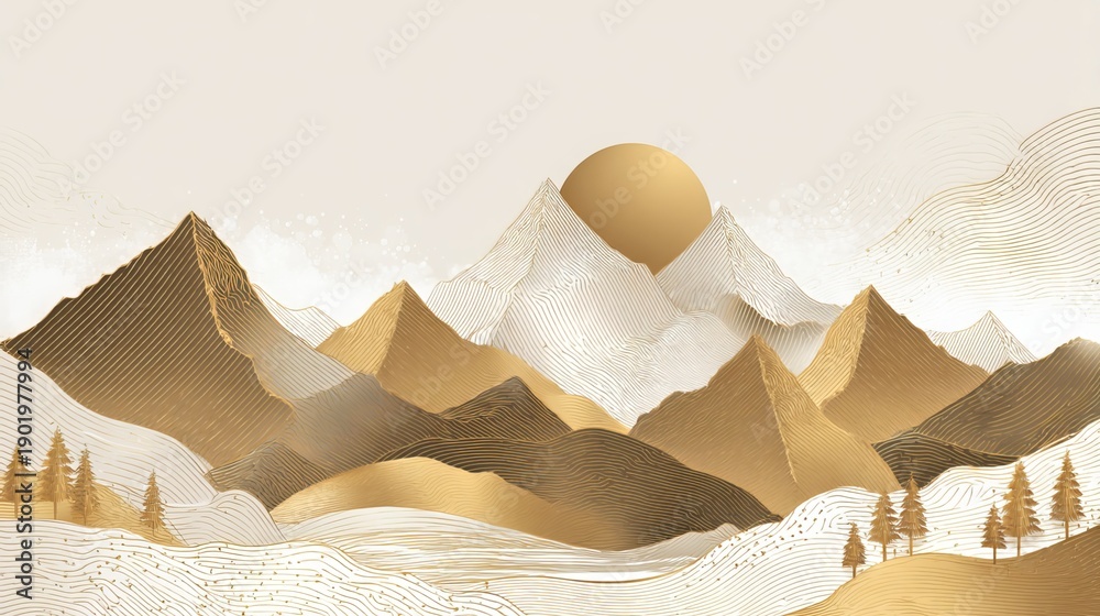 Naklejka premium Gold mountain landscape with intricate line art, luxurious golden background, elegant design for cover, invitation, packaging, wall art, fabric, and print, vector illustration