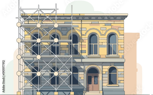 Building under renovation with scaffolding on one side, intricate facade