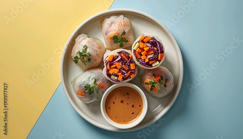 Fresh summer rolls with peanut dipping sauce, healthy vegan appetizer illustration on yellow and blue background, candid culinary art scene