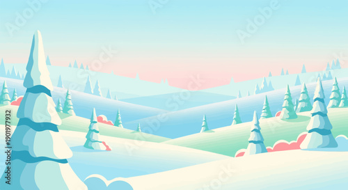 A stylized, pixelated winter landscape with snow-covered trees and rolling hills