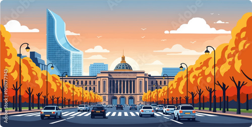 Autumn city street scene with cars and iconic buildings at sunset