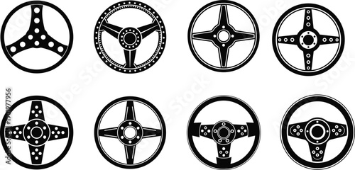Set of Eight Black Silhouette Icons Featuring Various Sport Car Steering Wheel Designs for Automotive Parts Racing Simulation Vehicle Interior and Mechanical Engineering Projects