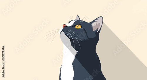 A stylized portrait of a black and white cat with bright yellow eyes looking up