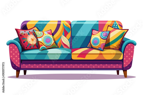 Colorful stylish sofa isolated on white background with decorative pillows scene modern contemporary interior furniture clean room product presentation copy space