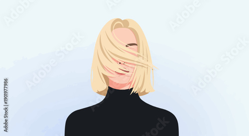 A stylized portrait of a person with blonde hair obscuring their face