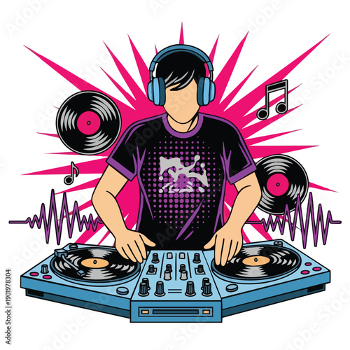 Male DJ wearing headphones mixing music on turntables.