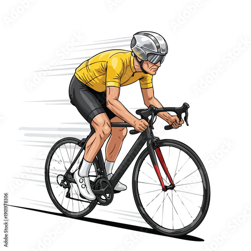 Male cyclist in yellow jersey and helmet riding a road bike at speed.