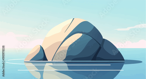 A stylized rock formation emerges from calm blue waters under a soft sky