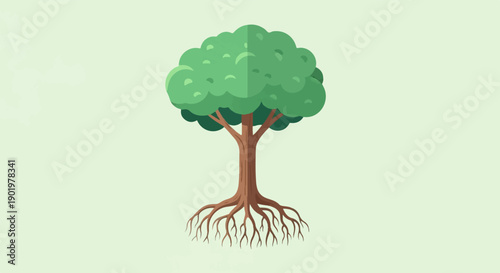 A stylized illustration of a healthy tree with visible roots, against a pale green background