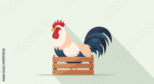 A stylized rooster sits in a wooden crate against a light green background
