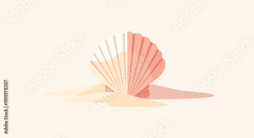 A stylized scallop shell rests on gentle sand dunes under a soft light