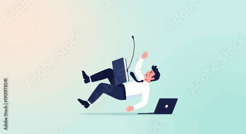 Business professional in suit falling with laptop and briefcase