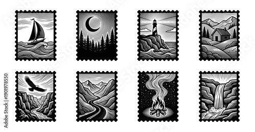 Linocut Woodblock Nature Landscape Postage Stamp Set for Outdoor Adventure Branding